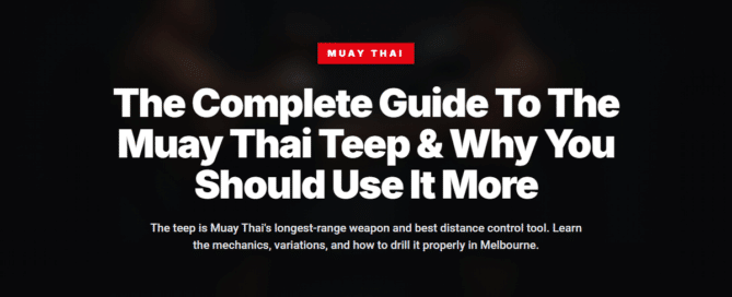 Muay Thai fighter throwing teep kick on heavy bag in training gym