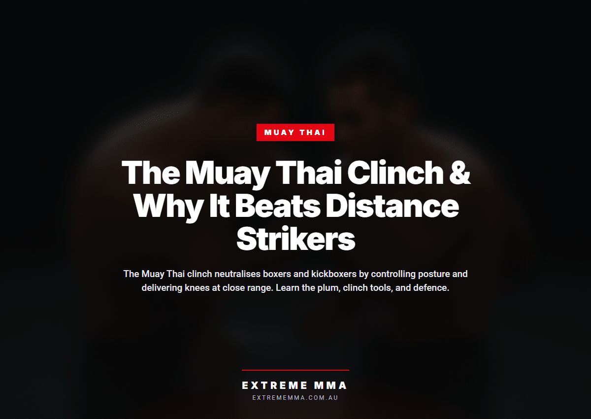 Two Muay Thai fighters demonstrating plum clinch position with knee strike
