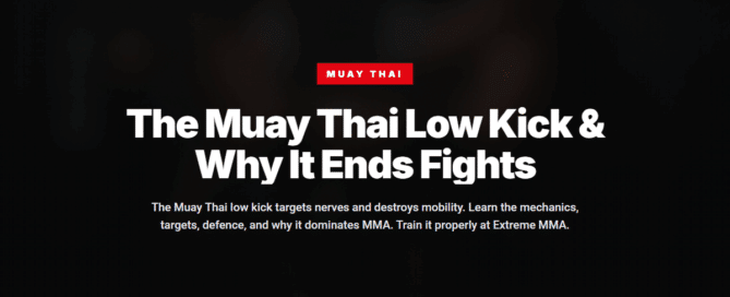 Muay Thai fighter throwing a low kick at heavy bag in training gym